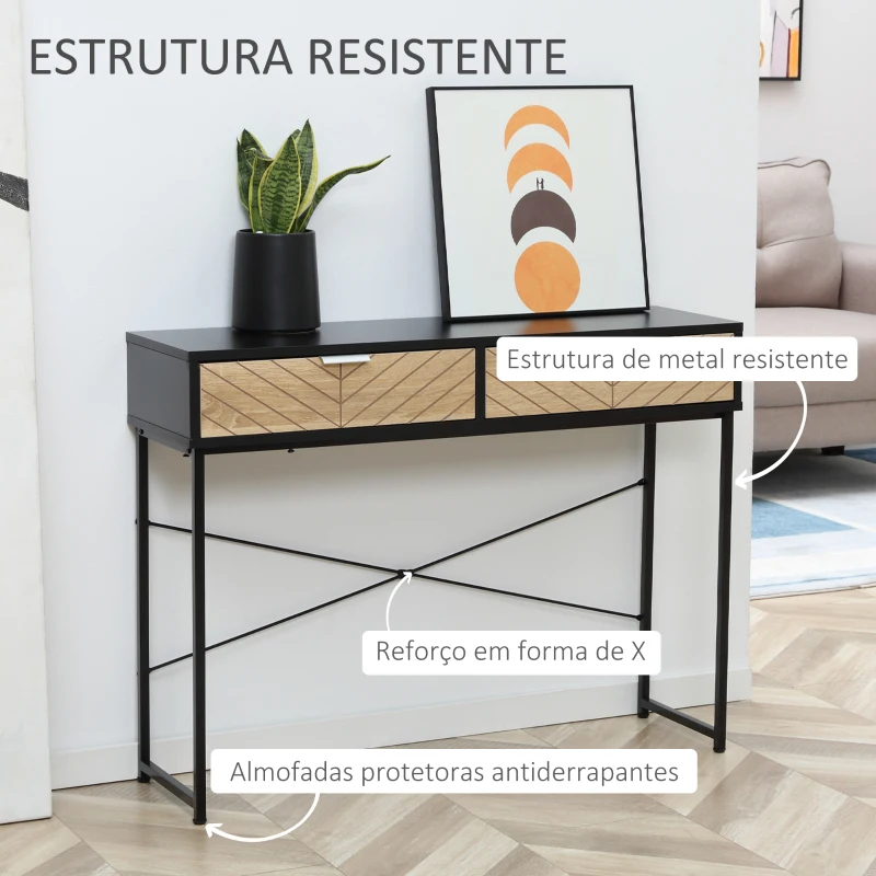 HOMCOM Mesa Consola 100x30x75 cm Mesa de Entrada Moderna com 2 Gavetas de Armazenamento Preto e Madeira