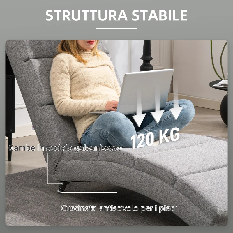 HOMCOM Chaise Longue Reclinabile con Schienale Alto, Imbottitura Spessa e Gambe in Metallo, Grigio Chiaro