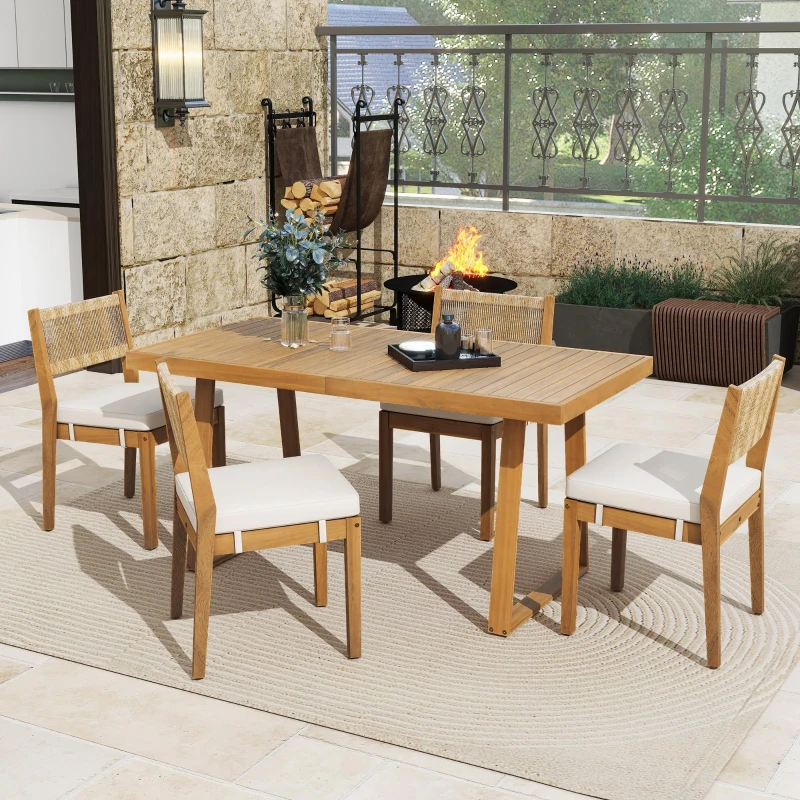 Set da pranzo a 5 pezzi con tavolo in legno, schienale in rattan, piedini, per terrazza, giardino, Bianco e Colore naturale