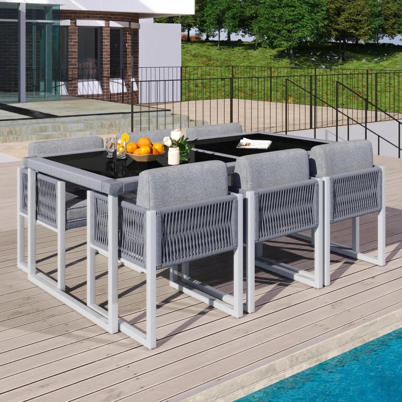 Ensemble table et chaises en rotin, avec 1 table et 6 chaises, plateau en verre trempé, Gris+Blanc