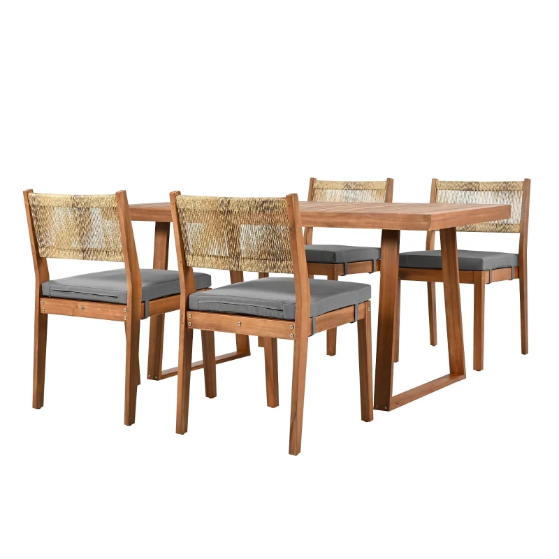 Ensemble de salle à manger 5 pièces avec table en bois, dossier en rotin, coussinets de pieds pour terrasse, jardin, Gris + Couleur naturelle