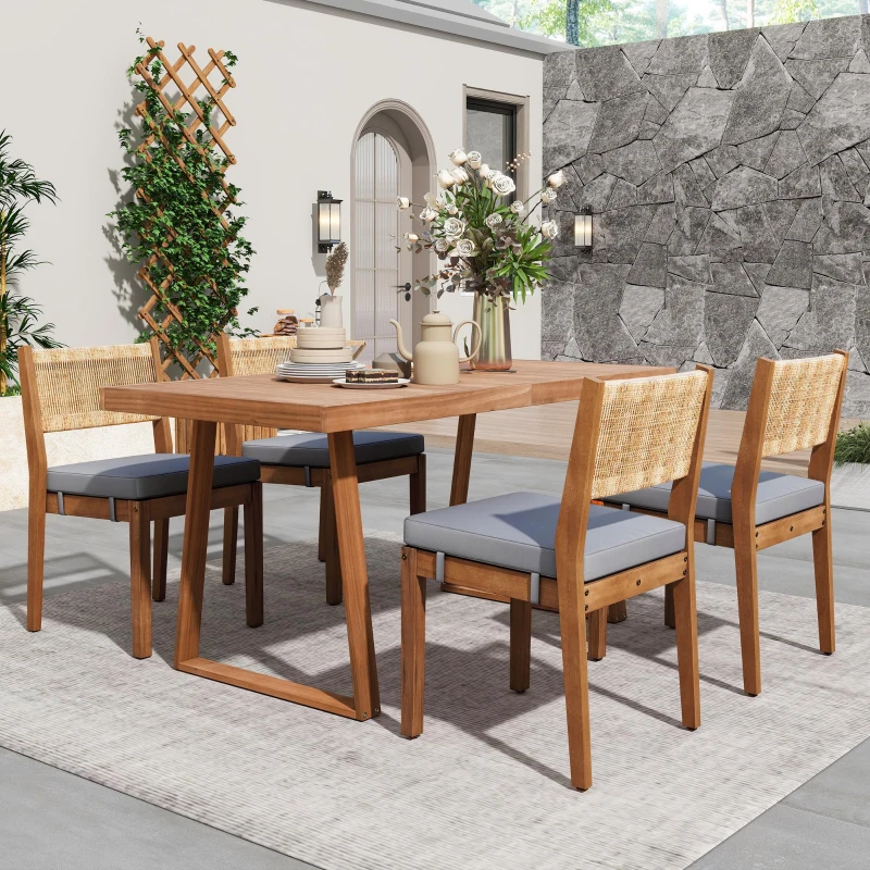 Ensemble de salle à manger 5 pièces avec table en bois, dossier en rotin, coussinets de pieds pour terrasse, jardin, Gris + Couleur naturelle