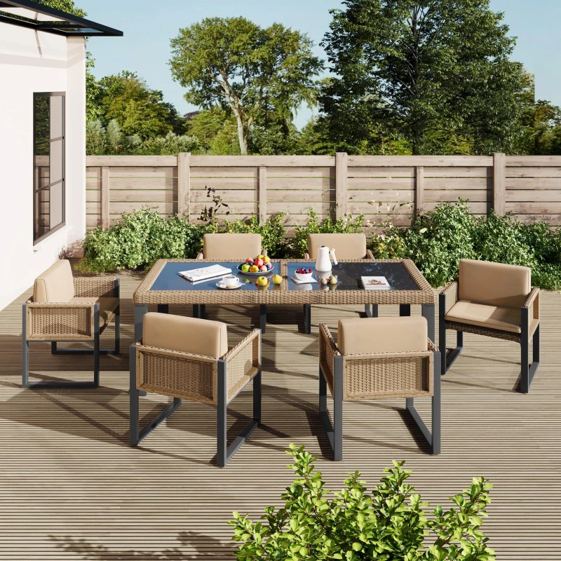 Rattan-Tisch- und Stuhlset, 1 Tisch, 6 Stühle, Tischplatte aus gehärtetem Glas, Braun+Schwarz