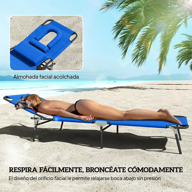 Outsunny Tumbona Plegable con Respaldo Regulable en 4 Posiciones Tumbona de Jardín con Almohada Marco Metálico y Tela Oxford para Camping Playa Terraza Carga 120 kg 190x56x28 cm Azul
