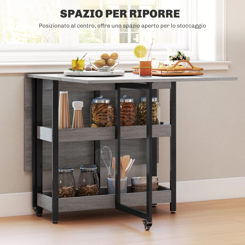 HOMCOM Tavolo Pieghevole a 2 Ribalte per 4 Persone con 2 Ripiani Aperti, in Legno e Metallo, 133.4x80x75 cm, Grigio