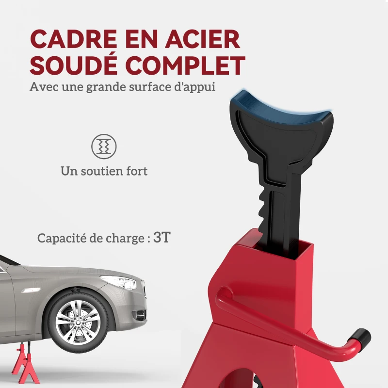 HOMCOM Lot de 2 chandelles voiture capacité 3 tonnes, hauteur réglable de 290 à 425 mm, goupille de sécurité, rouge