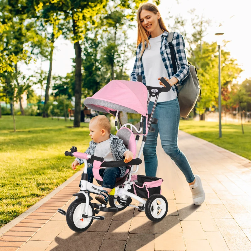 HOMCOM 6-in-1 Kinderrdriewieler met Duwstang, Zonnedak, Gordel, Mandje, voor 1-5 Jaar, Roze