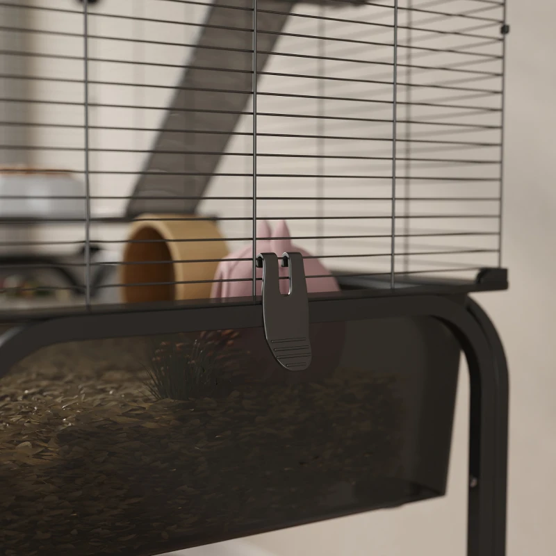 PawHut Jaula para Animales Pequeños de 4 Niveles con Ruedas Bandeja Profunda Rampas Plataformas y Comedero 73x47x123 cm Negro