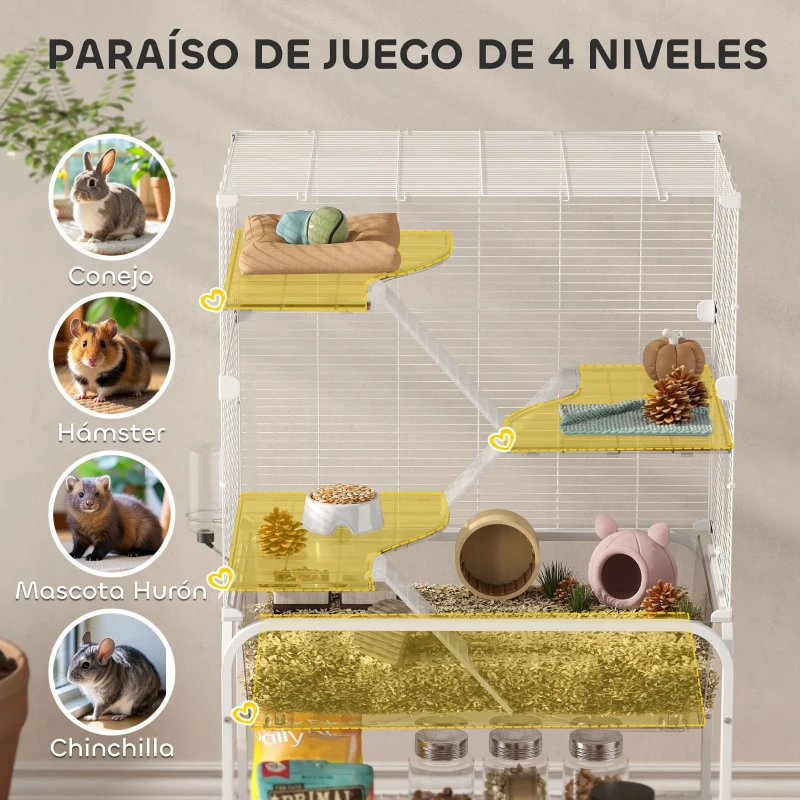 PawHut Jaula para Animales Pequeños de 4 Niveles con Ruedas Bandeja Profunda Rampas Plataformas y Comedero 73x47x123 cm Blanco