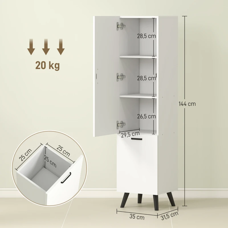 HOMCOM Coluna Casa de Banho Armário Alto Casa de Banho Estreito com 2 Portas e Prateleiras Móvel   35x31,5x144 cm Branco