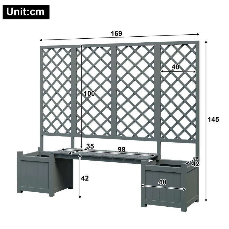Pflanzkübel mit Spalier und Sitz für Garten, Hof, Terrasse, für Kletterpflanzen, 169 x 42 x 145 cm, Grau