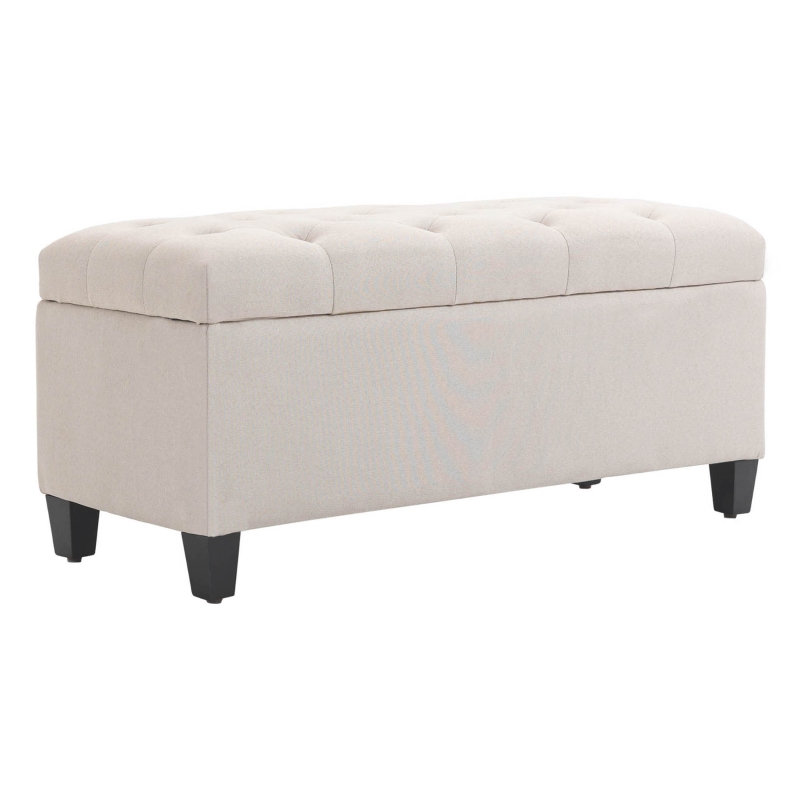 HOMCOM Banc De Rangement Capitonnné – Pouf Coffre Bout De Lit, Tissu Lin Blanc, Pieds Bois Hévéa, 100 X 40 X 44 Cm – Style Rétro Élégant