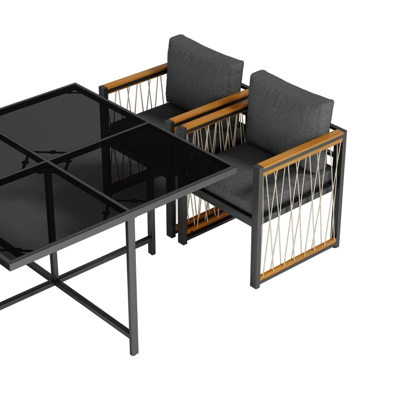 Ensemble de salle à manger extérieur 7 pièces avec plateau en verre trempé, accoudoirs, coussins, pour 6 personnes, Noir+Naturel