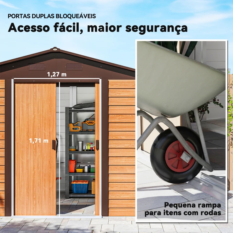 Outsunny Abrigo de Jardim 4,84 m² 278x195x215 cm Abrigo de Jardim com 2 Portas de Correr e 4 Janelas de Ventilação Madeira e Marrom