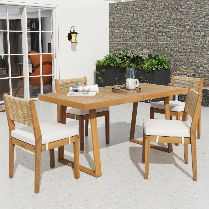 Set da pranzo a 5 pezzi con tavolo in legno, schienale in rattan, piedini, per terrazza, giardino, Bianco e Colore naturale
