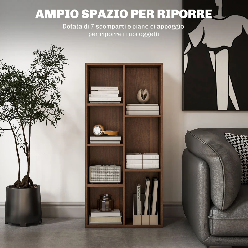 HOMCOM Mobile Libreria a Cubi in Legno con 7 Ripiani di Diverse Dimensioni, 50x24x106 cm, color Noce
