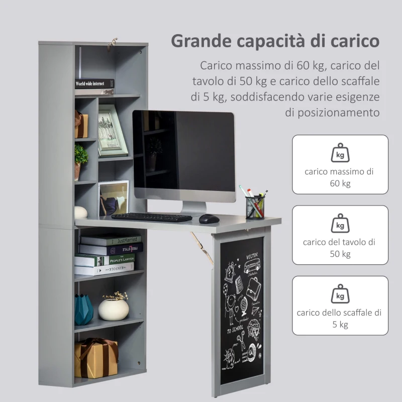 HOMCOM Scrivania PC Pieghevole con Libreria a 9 Ripiani in Legno e Metallo, 98x51x153 cm, Grigio