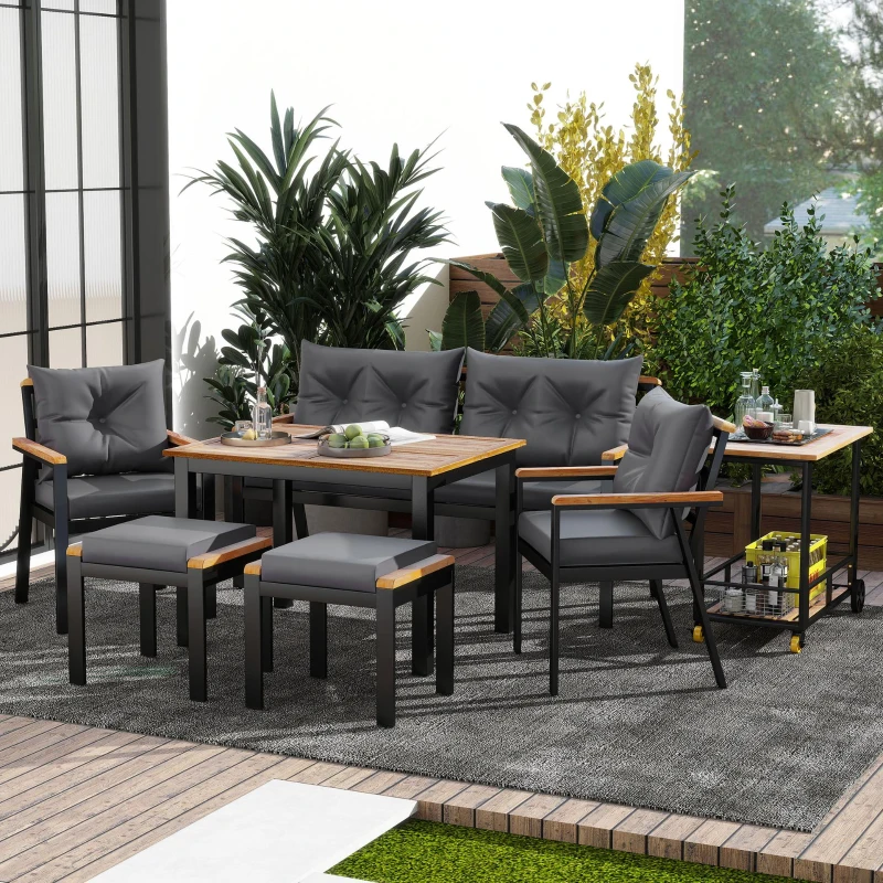 Ensemble de table et chaises d'extérieur, avec 2 chaises, 2 tabourets, 1 canapé deux places, 1 table et 1 chariot de service polyvalent, Noir+Gris