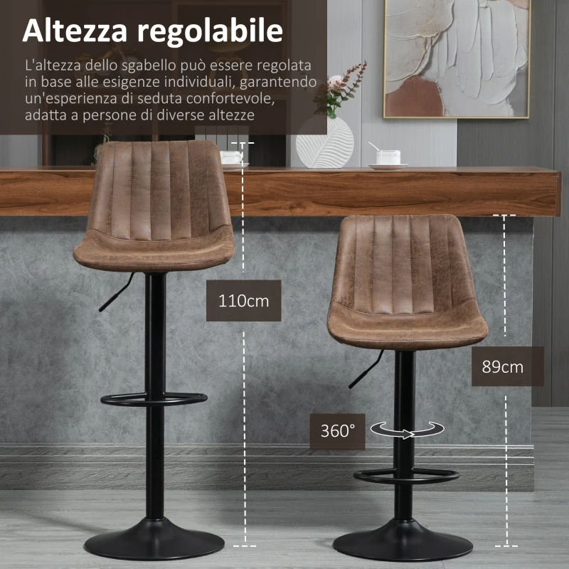 HOMCOM Set 2 Sgabelli da Bar con Schienale, Poggiapiedi e Altezza Regolabile Stile Industriale, Marrone