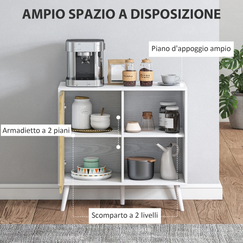 HOMCOM Credenza Moderna con Armadietto e Vano Portaoggetti, in Legno, 80x39x76 cm, Bianco