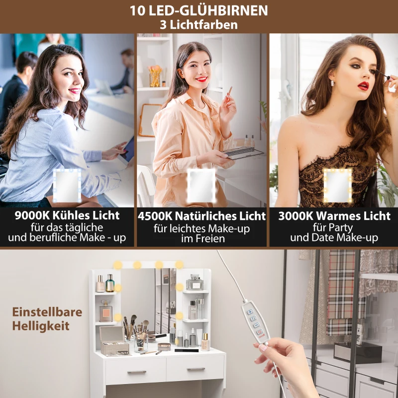 HOMCOM Kaptafel met Spiegel en Dimbare LED-Lampen, Laden, Planken, Wit