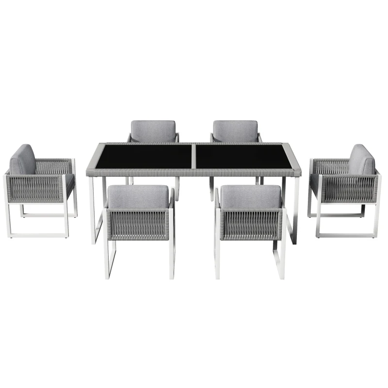 Ensemble table et chaises en rotin, avec 1 table et 6 chaises, plateau en verre trempé, Gris+Blanc