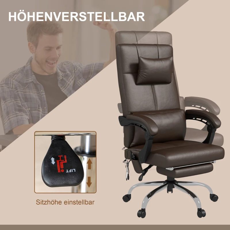 Vinsetto Ergonomische Bureaustoel met Massage en Ligfunctie, Hoofdkussen, In Hoogte Verstelbare, Bruin(m-5)