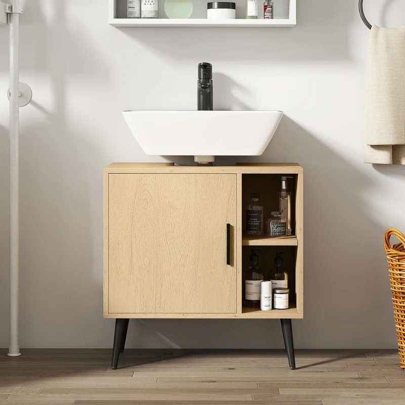 HOMCOM Meuble sous lavabo salle de bain avec porte à fermeture progressive et étagère réglable, 60 x 30 x 59,5 cm, chêne