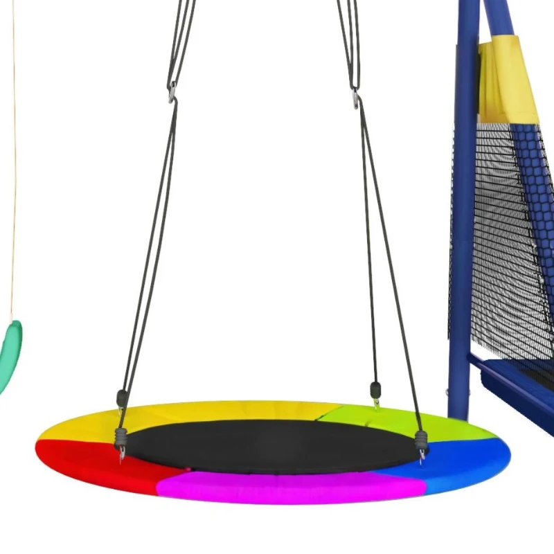 Ensemble de balançoire multifonctionnel pour l'extérieur avec toboggan, trampoline, balançoire nid ronde et balançoire en plastique, Bleu antique