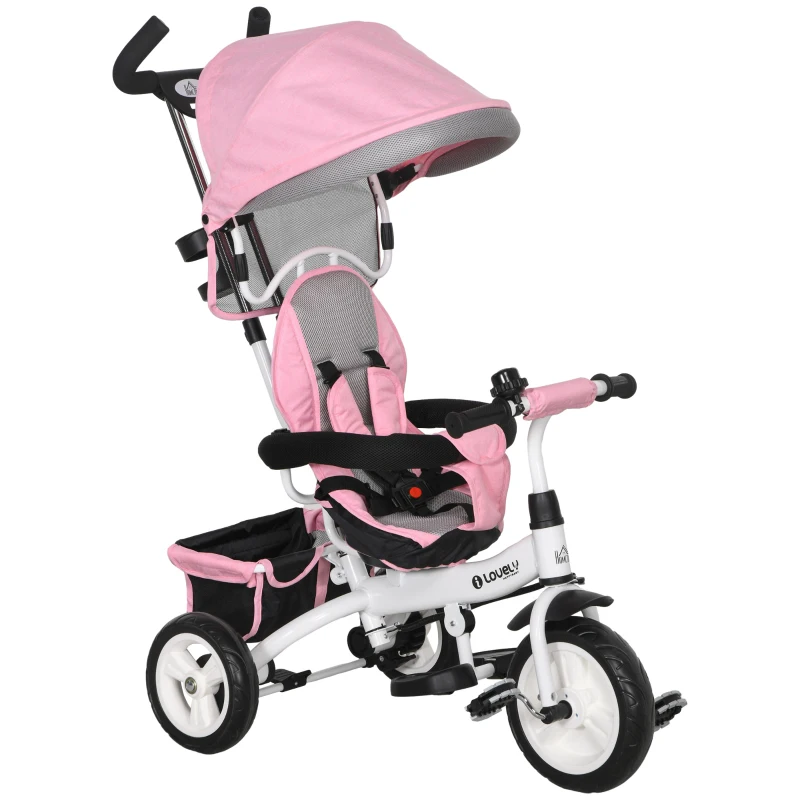 HOMCOM 6-in-1 Kinderrdriewieler met Duwstang, Zonnedak, Gordel, Mandje, voor 1-5 Jaar, Roze