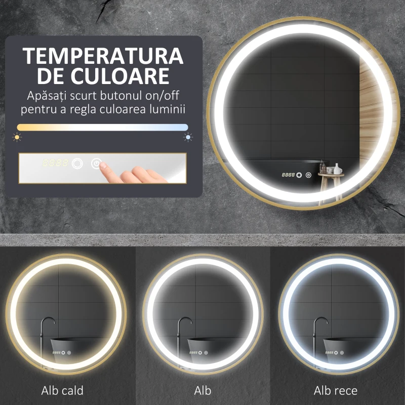 kleankin Oglindă de Baie Rotundă cu Lumină LED, Luminozitate Reglabilă și Întrerupătoare Touch, Ø60x4 cm, Auriu