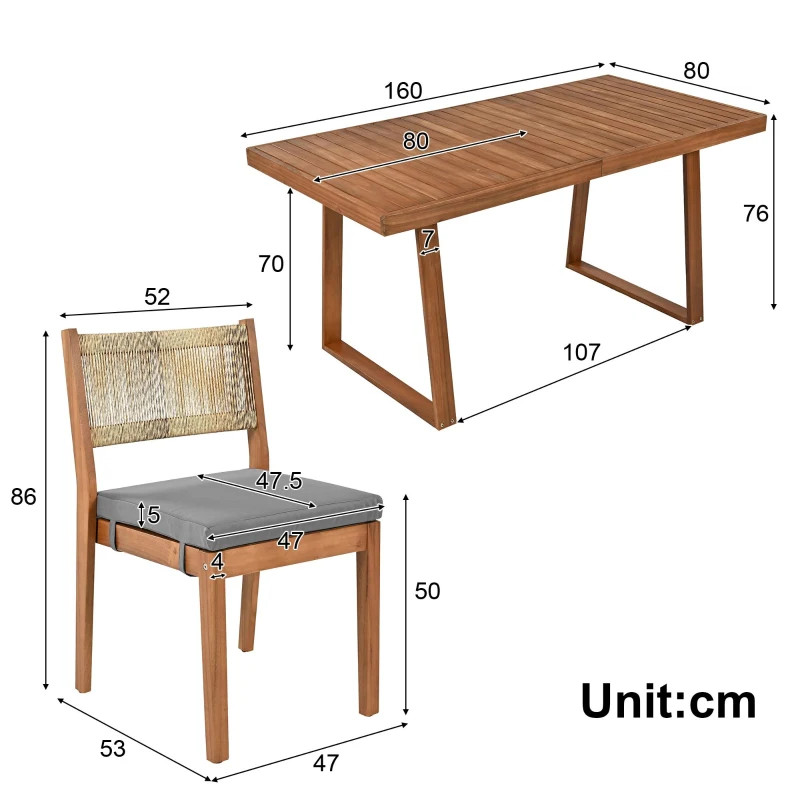 Ensemble de salle à manger 5 pièces avec table en bois, dossier en rotin, coussinets de pieds pour terrasse, jardin, Gris + Couleur naturelle