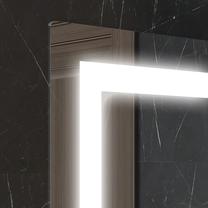 kleankin Espelho para Casa de Banho 50x70 cm com Moldura de Alumínio, Luzes LED Interruptor Tátil e Prateleira de Vidro para Casa de Banho Prata
