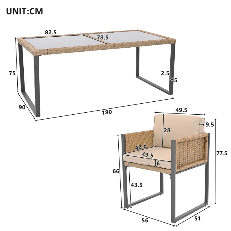 Rattan-Tisch- und Stuhlset, 1 Tisch, 6 Stühle, Tischplatte aus gehärtetem Glas, Braun+Schwarz