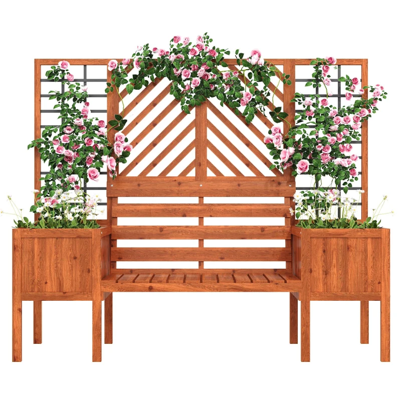 Fioriera con grigliato e seduta per giardino, cortile, terrazza, per piante rampicanti, 170x42x145 cm, Marrone