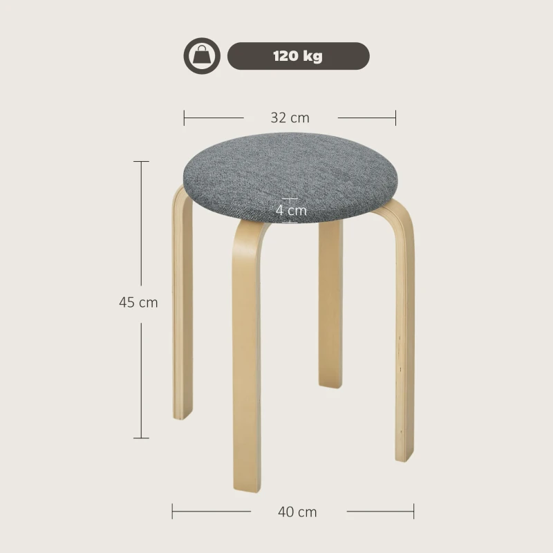 HOMCOM Ensemble de 4 tabourets empilables ronds sans dossier avec assise rembourrée, 40 x 40 x 45 cm, gris