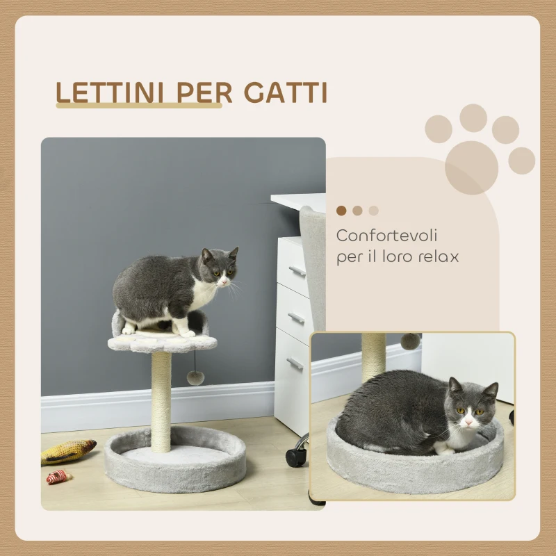 PawHut Tiragraffi per Gatti con Lettini, Corda in Juta e Peluche, 41x41x44 cm, Grigio Chiaro