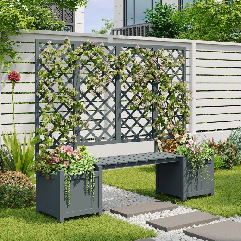 Pflanzkübel mit Spalier und Sitz für Garten, Hof, Terrasse, für Kletterpflanzen, 169 x 42 x 145 cm, Grau