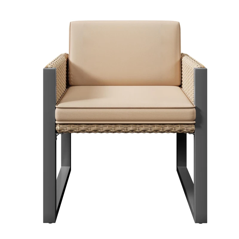 Rattan-Tisch- und Stuhlset, 1 Tisch, 6 Stühle, Tischplatte aus gehärtetem Glas, Braun+Schwarz