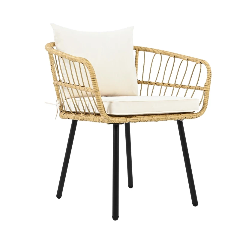 5-teiliges Garten-Lounge-Set, mit 1 Esstisch, 2 Stühlen, 2 Hockern, Weiß+Naturfarbe