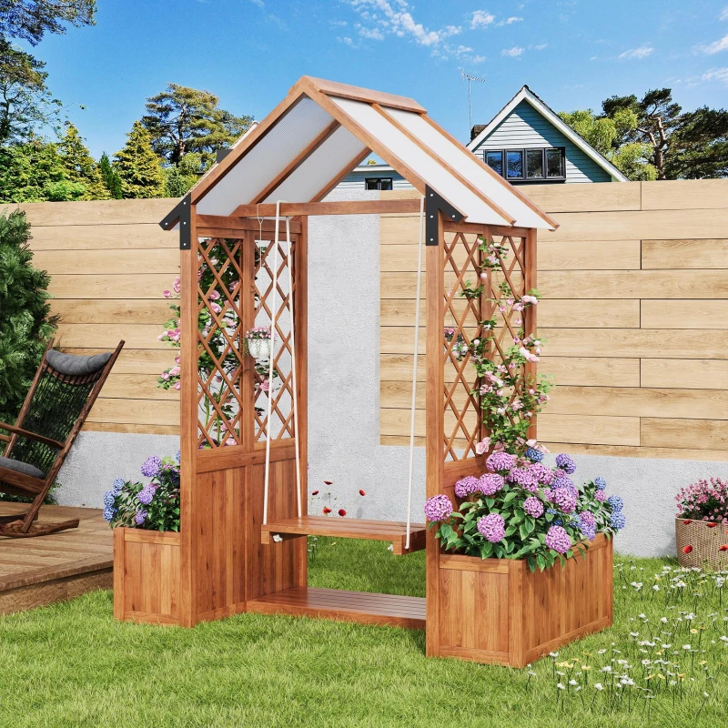 Macetero con enrejado y columpio para jardín, patio, terraza, para plantas trepadoras, 142x70x163 cm, Marrón