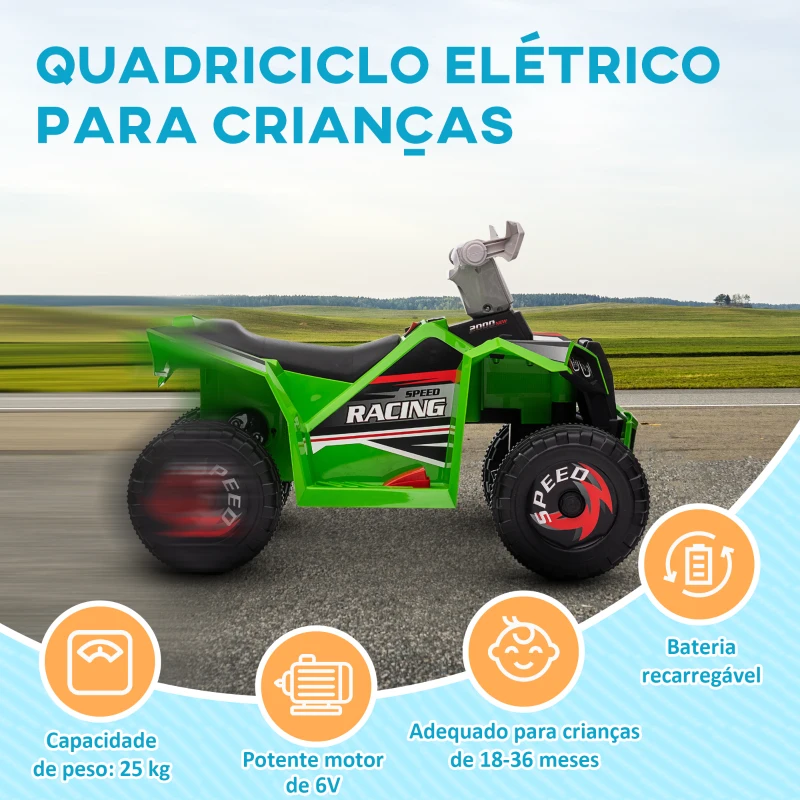 HOMCOM Quadriciclo Elétrico para Crianças Veículo Elétrico a Bateria de 6V com Velocidade de 2,5 km/h 70x41,5x48,5 cm Verde