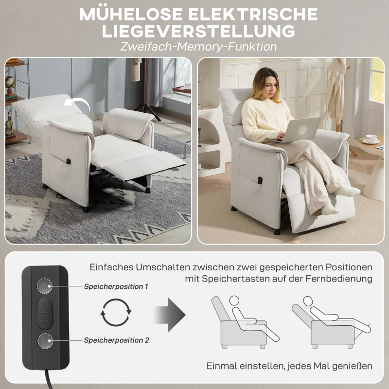 HOMCOM Relaxsessel mit leisem Motor, Polstersessel mit robusten Stoffbezug, Memory-Funktion, anpassbare Fußstütze, Cremeweiß(m-5)
