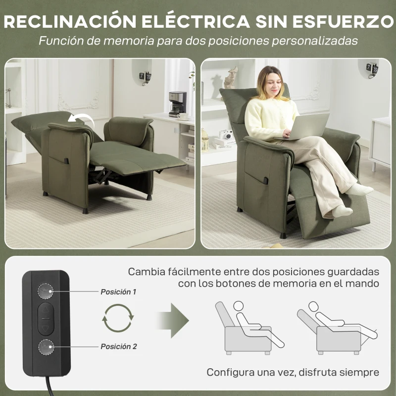 HOMCOM Sillón Reclinable con Motor sin Escobillas Reposapiés Tapizado Resistente y Bolsillos Laterales 80x83x104 cm Verde