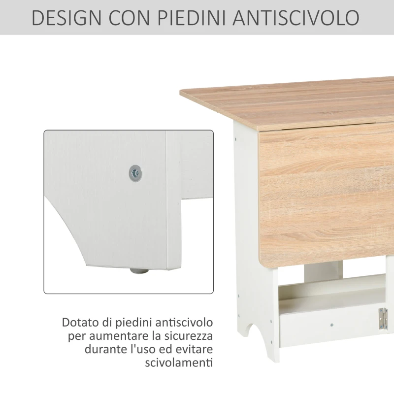 HOMCOM Tavolo Consolle a Ribalta con Vano Mensola, Tavolino da Salotto e Cucina, Tavolo a Ribalta, Pieghevole, Salvaspazio, Color Legno e Bianco, 118x80x72cm