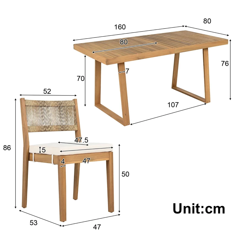 Set da pranzo a 5 pezzi con tavolo in legno, schienale in rattan, piedini, per terrazza, giardino, Bianco e Colore naturale