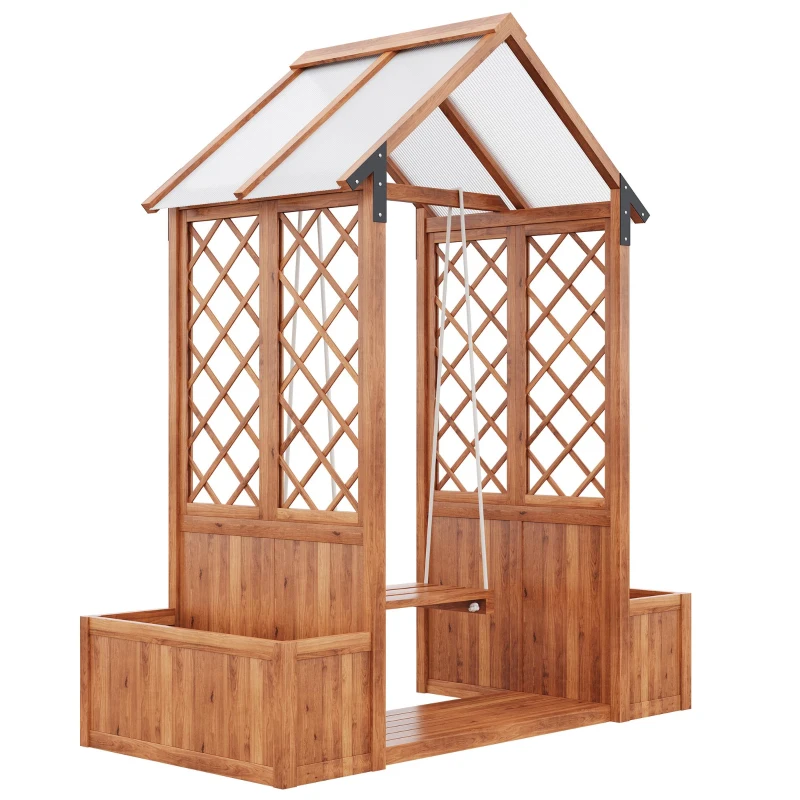 Macetero con enrejado y columpio para jardín, patio, terraza, para plantas trepadoras, 142x70x163 cm, Marrón