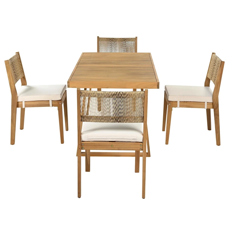 Set da pranzo a 5 pezzi con tavolo in legno, schienale in rattan, piedini, per terrazza, giardino, Bianco e Colore naturale