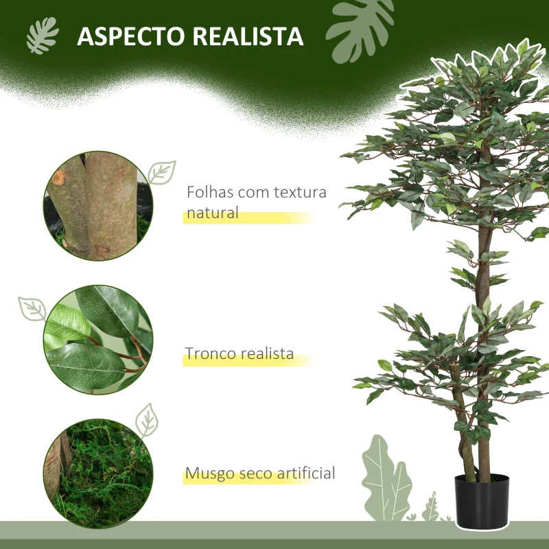 Outsunny Planta Artificial Ficus 150 cm Planta Artificial com 1008 Folhas Musgo e Vaso para Exterior Casa Sala de Estar Escritório Verde