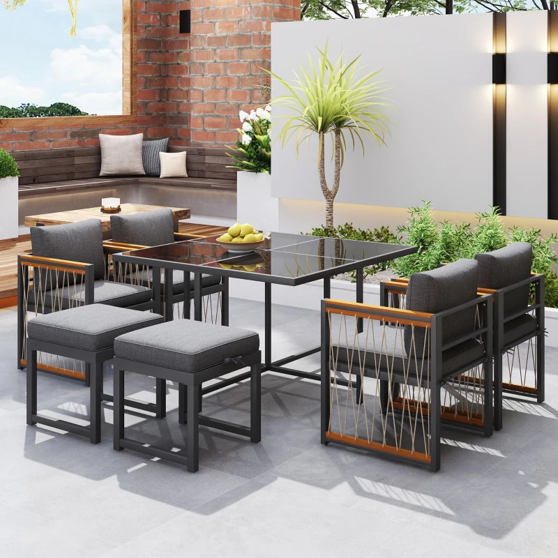 Ensemble de salle à manger extérieur 7 pièces avec plateau en verre trempé, accoudoirs, coussins, pour 6 personnes, Noir+Naturel